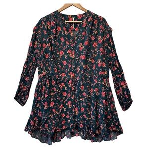 Free People Floral Boho Tunic Dress Long Sleeve Dark Floral Mini Black Pink